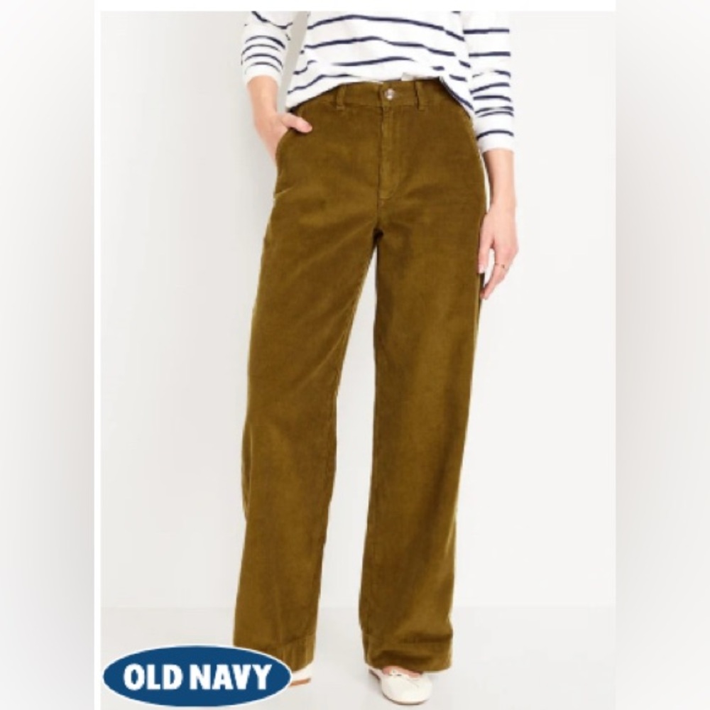 Size 8 High-Rise Wide Leg Corduroy Trouser Pants Green Olive Brown Flat Front
